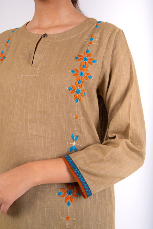 Rangsutra Naman Beige Soof Hand Embroidered Straight Kurta