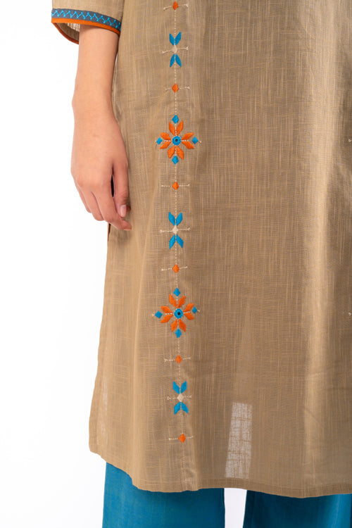 Rangsutra Naman Beige Soof Hand Embroidered Straight Kurta