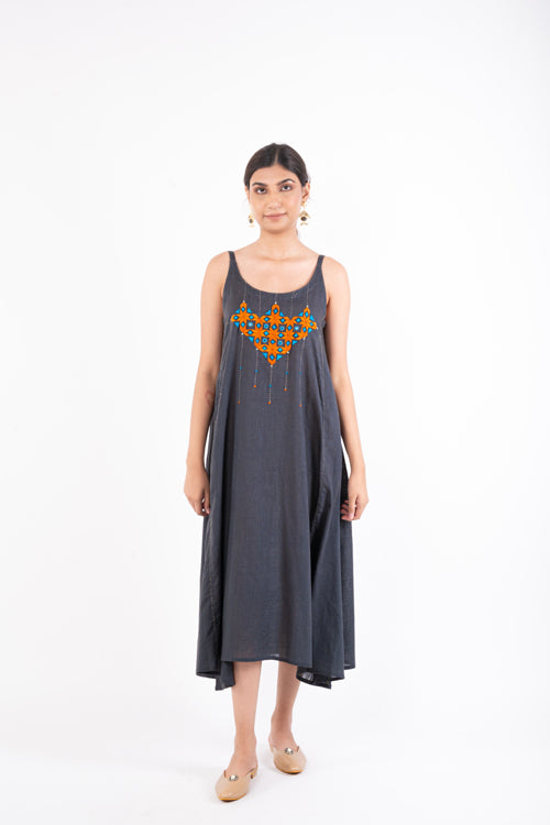 Rangsutra Naman Charcoal Soof Hand Embroidered Midi Dress