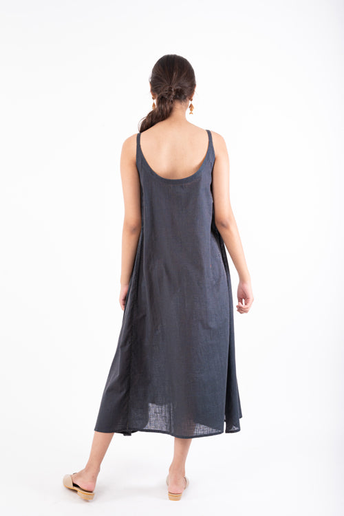 Rangsutra Naman Charcoal Soof Hand Embroidered Midi Dress