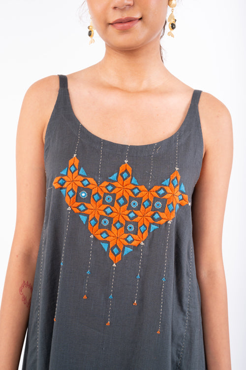 Rangsutra Naman Charcoal Soof Hand Embroidered Midi Dress