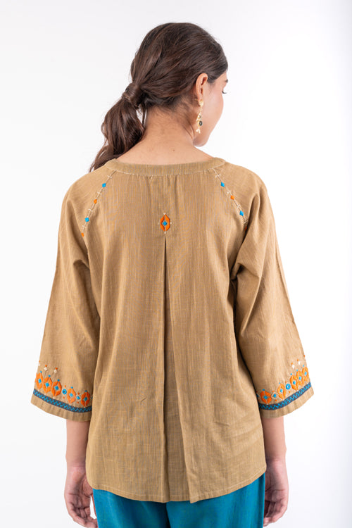 Rangsutra Naman Beige Soof Hand Embroidered Top