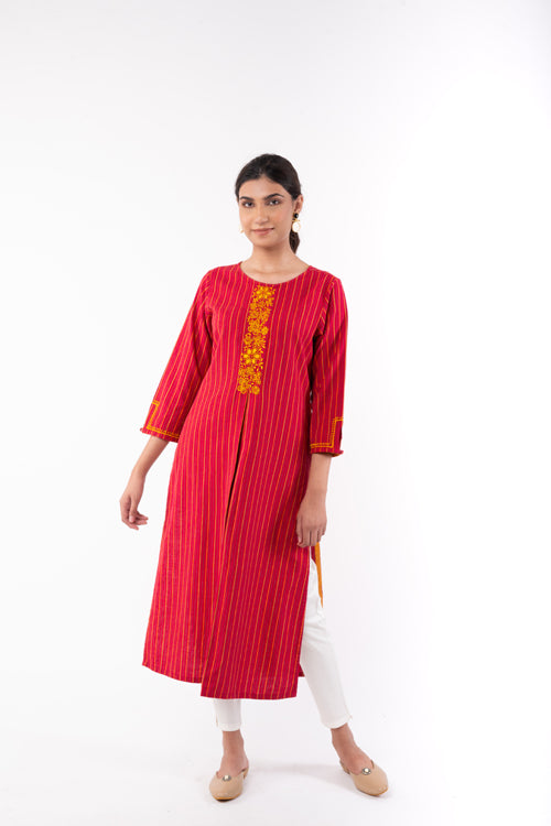 Rangsutra Pardis Red Chikankari Round Neck Kurta