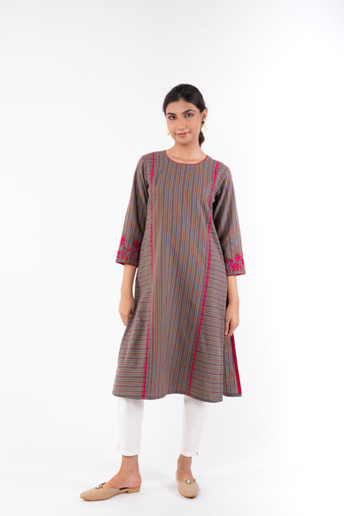 Rangsutra Pardis Grey Chikankari Round Neck Kurta