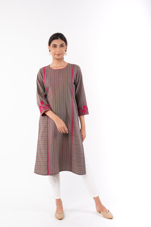 Rangsutra Pardis Grey Chikankari Round Neck Kurta