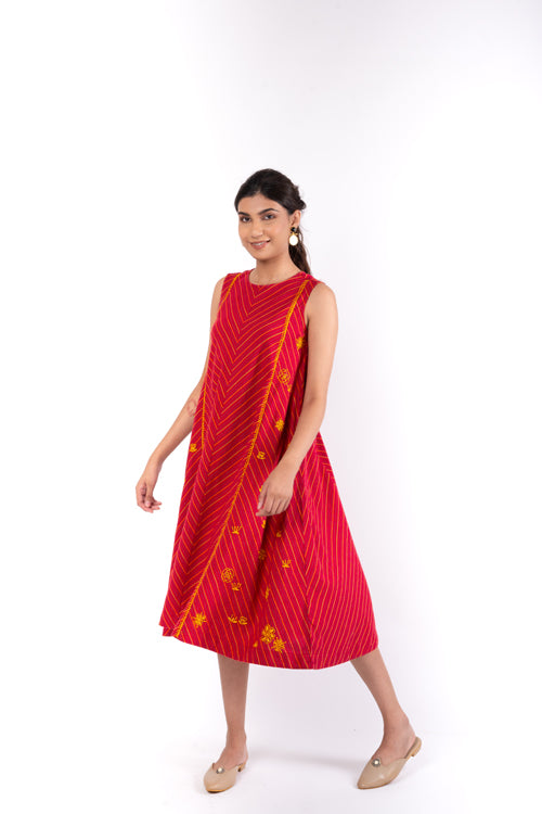 Pardis Red Chikankari Round Neck Dress