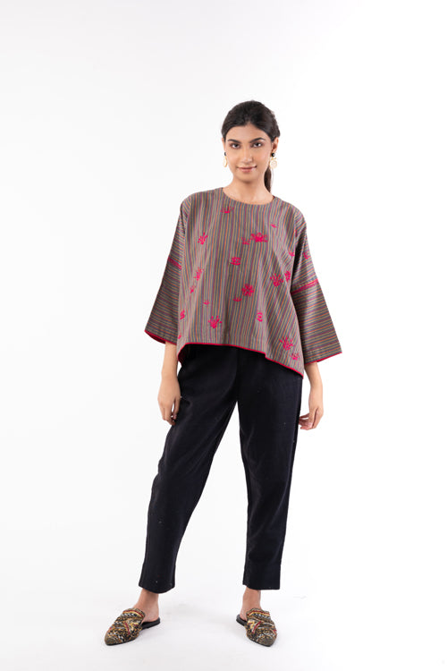 Rangsutra Pardis Grey Chikankari  Round Neck Boxy Top