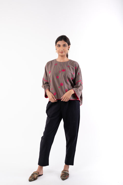 Rangsutra Pardis Grey Chikankari  Round Neck Boxy Top