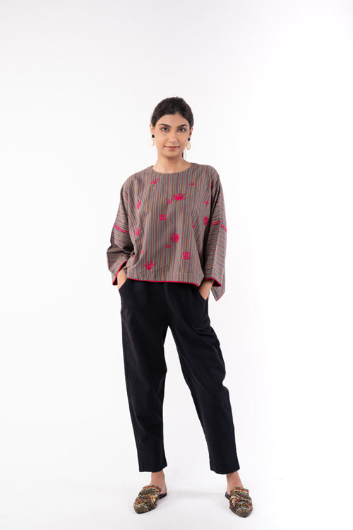 Rangsutra Pardis Grey Chikankari  Round Neck Boxy Top