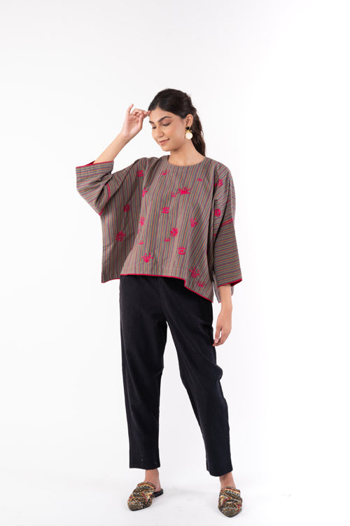 Rangsutra Pardis Grey Chikankari  Round Neck Boxy Top