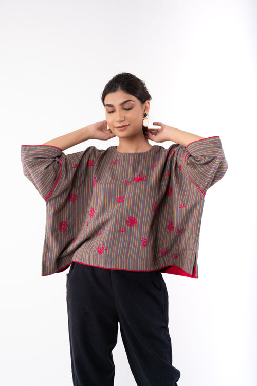 Rangsutra Pardis Grey Chikankari  Round Neck Boxy Top