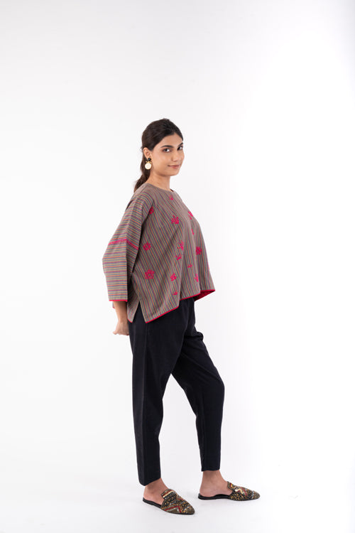 Rangsutra Pardis Grey Chikankari  Round Neck Boxy Top