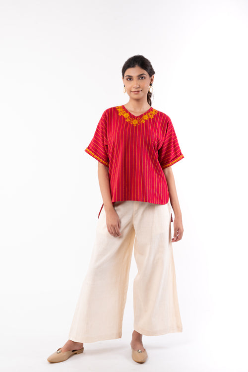 Rangsutra Pardis Red Chikankari  Round Neck Boxy Top