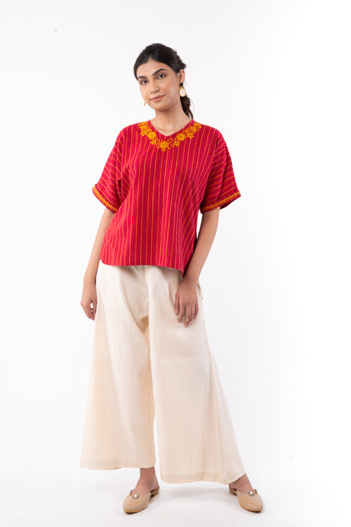 Rangsutra Pardis Red Chikankari  Round Neck Boxy Top