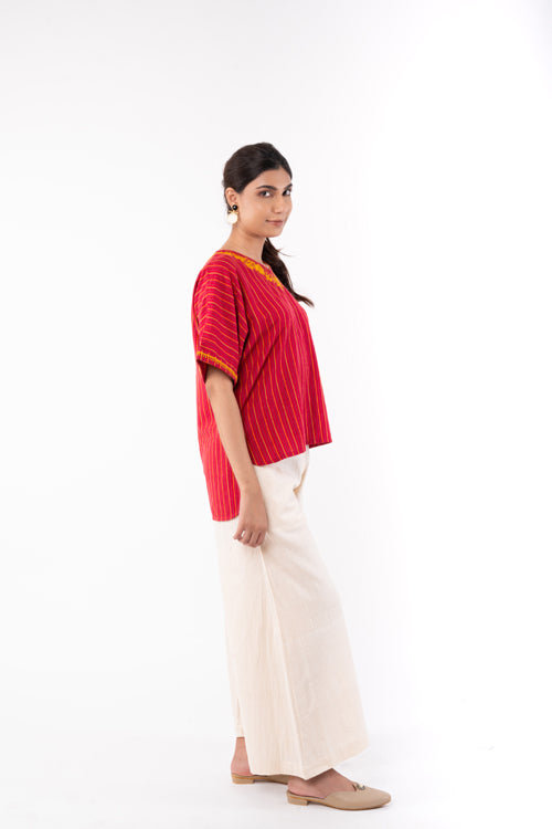 Rangsutra Pardis Red Chikankari  Round Neck Boxy Top