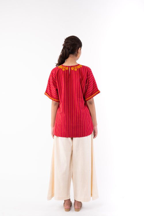 Rangsutra Pardis Red Chikankari  Round Neck Boxy Top