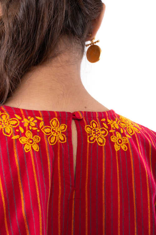 Rangsutra Pardis Red Chikankari  Round Neck Boxy Top