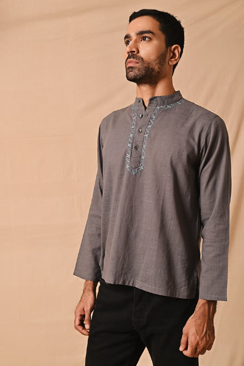 Rangsutra Ronav Grey Chikankari Neckline Embroidered Short Kurta