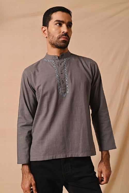 Rangsutra Ronav Grey Chikankari Neckline Embroidered Short Kurta
