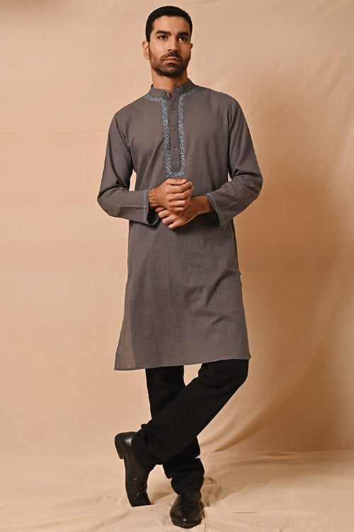 Rangsutra Ronav Grey Chikankari Embroidered Long Kurta