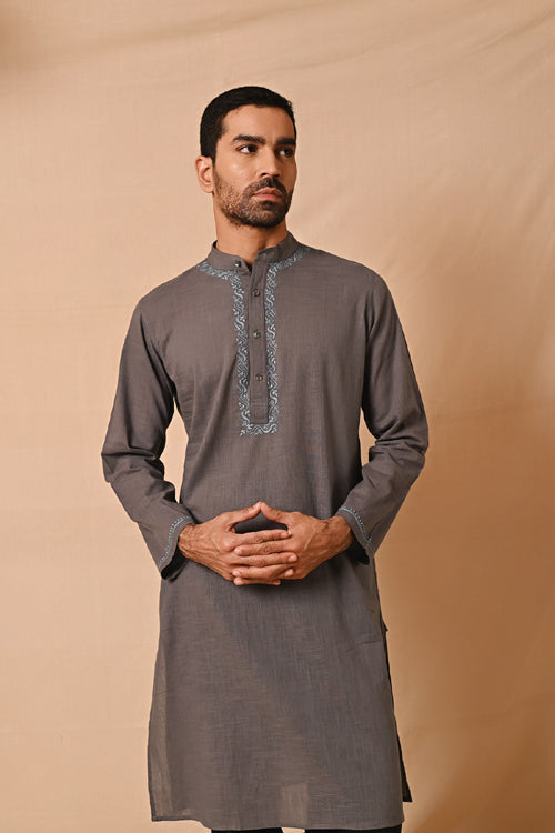 Rangsutra Ronav Grey Chikankari Embroidered Long Kurta