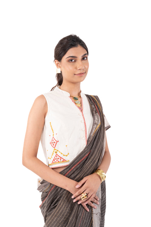 Rangsutra Shifrah Soof Embroidered Off-White Sleeveless Blouse