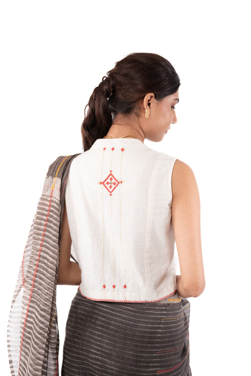 Shifrah Soof Embroidered Off-White Sleeveless Blouse