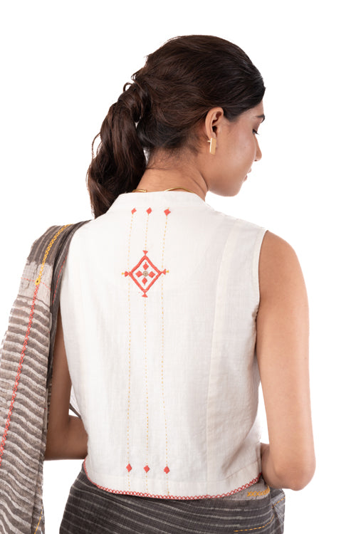 Rangsutra Shifrah Soof Embroidered Off-White Sleeveless Blouse