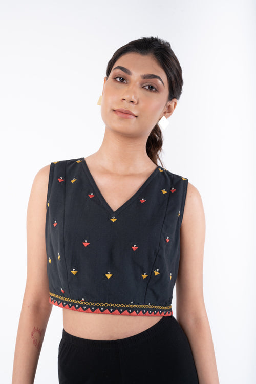 Rangsutra Shifrah Soof Embroidered Black Sleeveless Blouse
