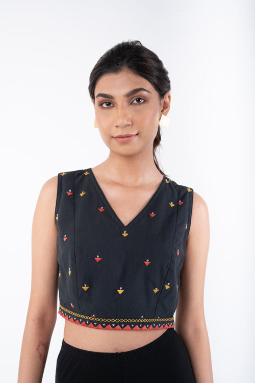 Rangsutra Shifrah Soof Embroidered Black Sleeveless Blouse