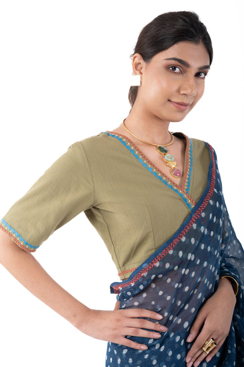 Rangsutra Shifrah Soof Embroidered Olive Half Sleeve Blouse