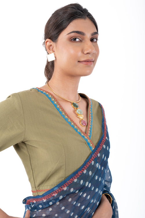 Rangsutra Shifrah Soof Embroidered Olive Half Sleeve Blouse