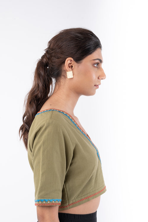 Rangsutra Shifrah Soof Embroidered Olive Half Sleeve Blouse
