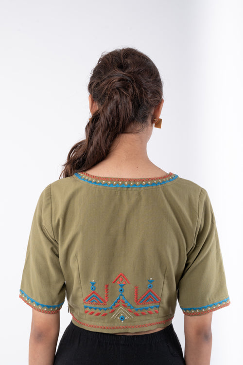 Rangsutra Shifrah Soof Embroidered Olive Half Sleeve Blouse