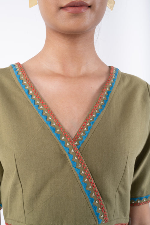 Rangsutra Shifrah Soof Embroidered Olive Half Sleeve Blouse