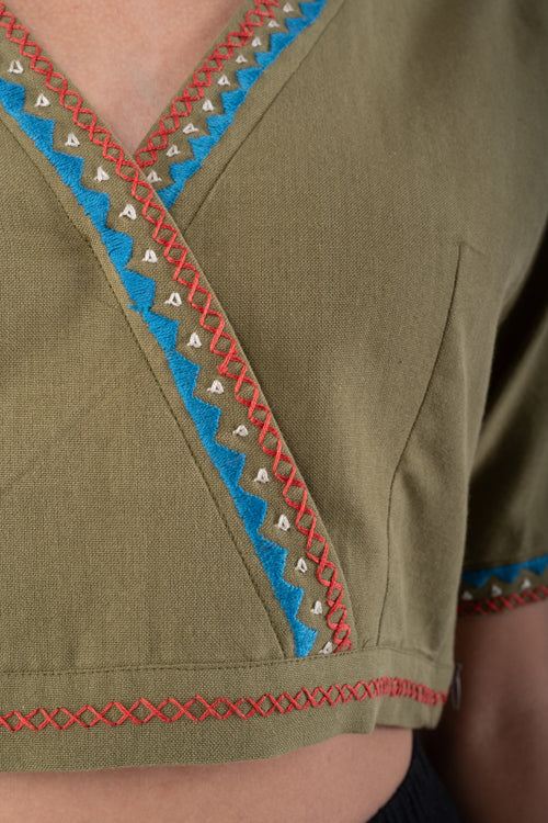 Rangsutra Shifrah Soof Embroidered Olive Half Sleeve Blouse
