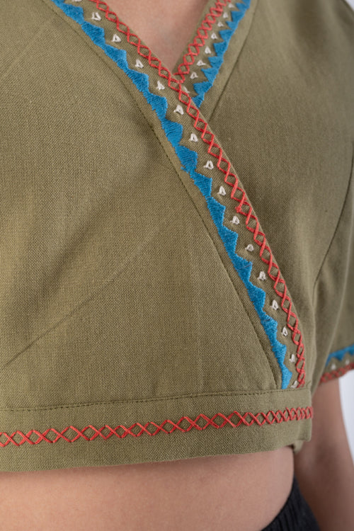 Rangsutra Shifrah Soof Embroidered Olive Half Sleeve Blouse