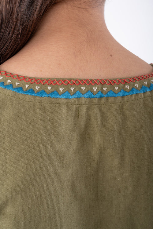 Rangsutra Shifrah Soof Embroidered Olive Half Sleeve Blouse