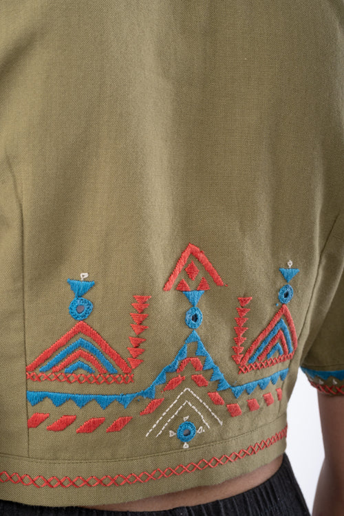 Rangsutra Shifrah Soof Embroidered Olive Half Sleeve Blouse