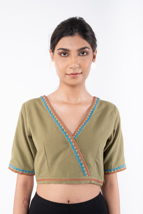 Rangsutra Shifrah Soof Embroidered Olive Half Sleeve Blouse