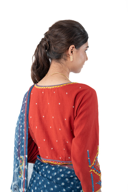 Rangsutra Shifrah Soof Embroidered Red 3-Quarter Sleeve Blouse