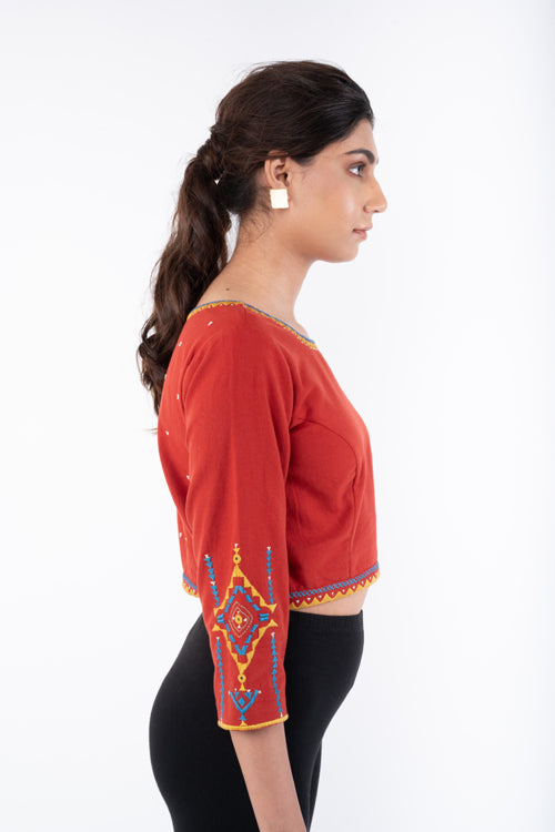 Rangsutra Shifrah Soof Embroidered Red 3-Quarter Sleeve Blouse