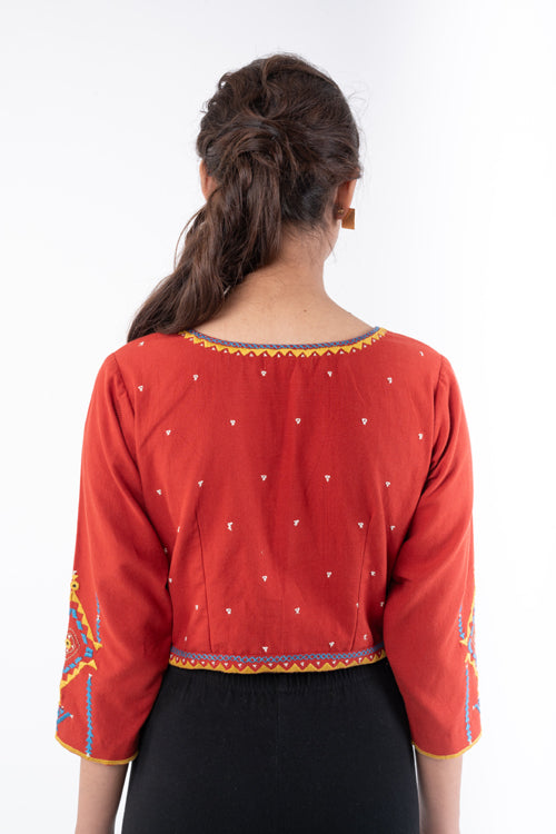 Rangsutra Shifrah Soof Embroidered Red 3-Quarter Sleeve Blouse