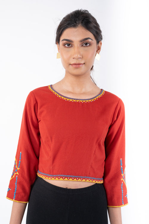 Rangsutra Shifrah Soof Embroidered Red 3-Quarter Sleeve Blouse