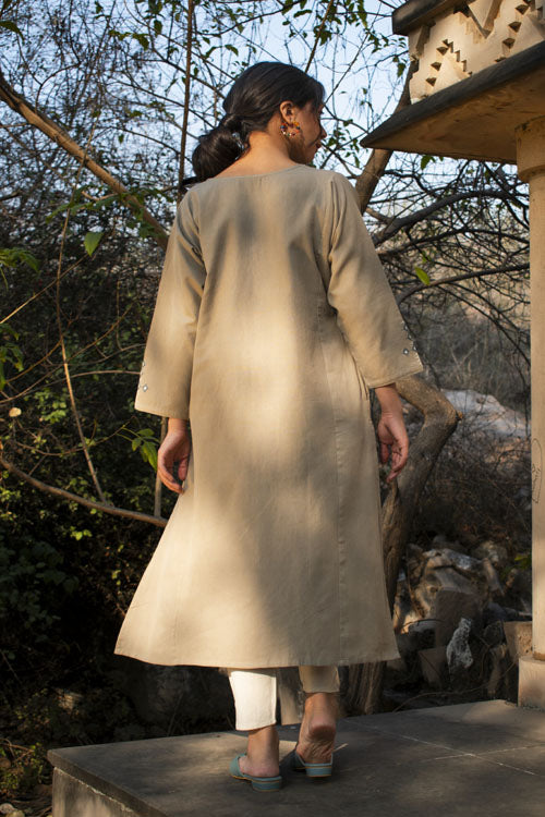 Rangsutra Akriti Beige Handwoven Extra-Weft Panelled Long Kurta