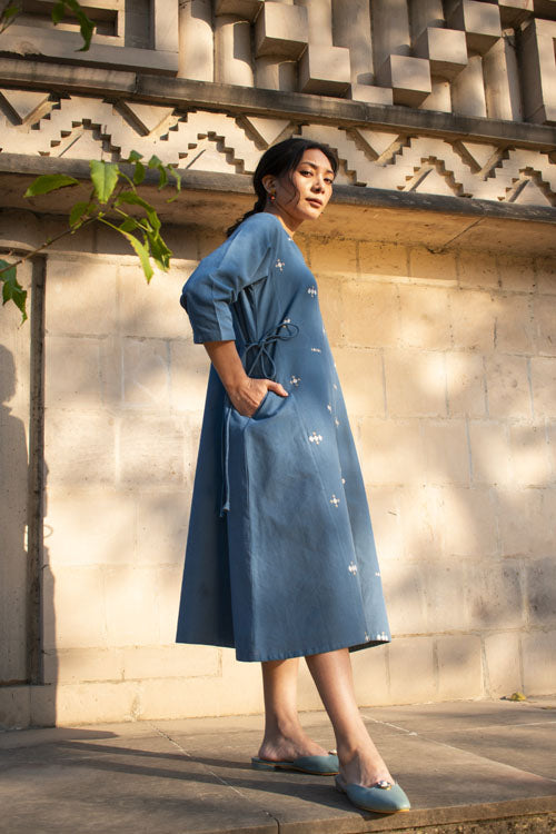 Rangsutra Akriti Blue Handwoven Extra-Weft V Neck Dress