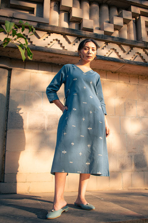 Rangsutra Akriti Blue Handwoven Extra-Weft V Neck Dress