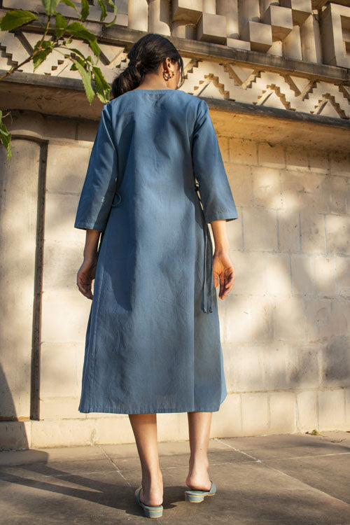 Rangsutra Akriti Blue Handwoven Extra-Weft V Neck Dress
