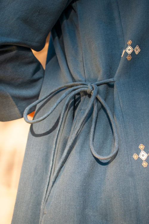 Rangsutra Akriti Blue Handwoven Extra-Weft V Neck Dress