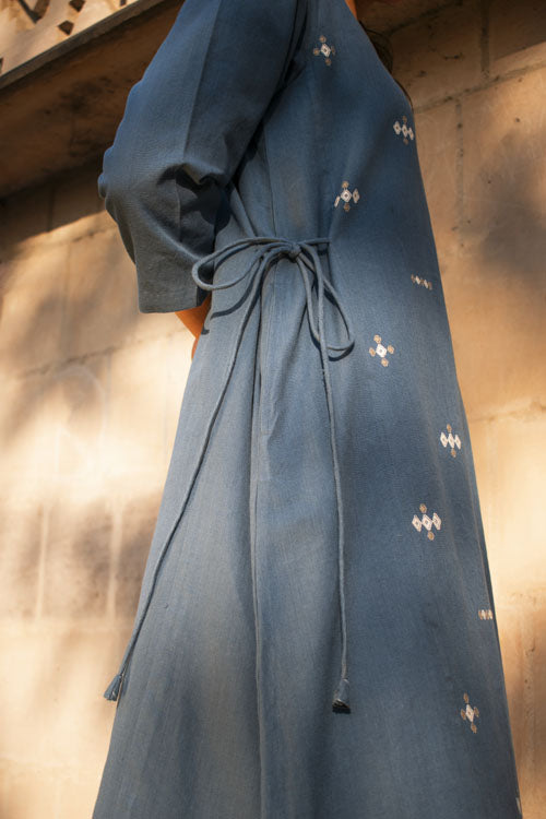Rangsutra Akriti Blue Handwoven Extra-Weft V Neck Dress